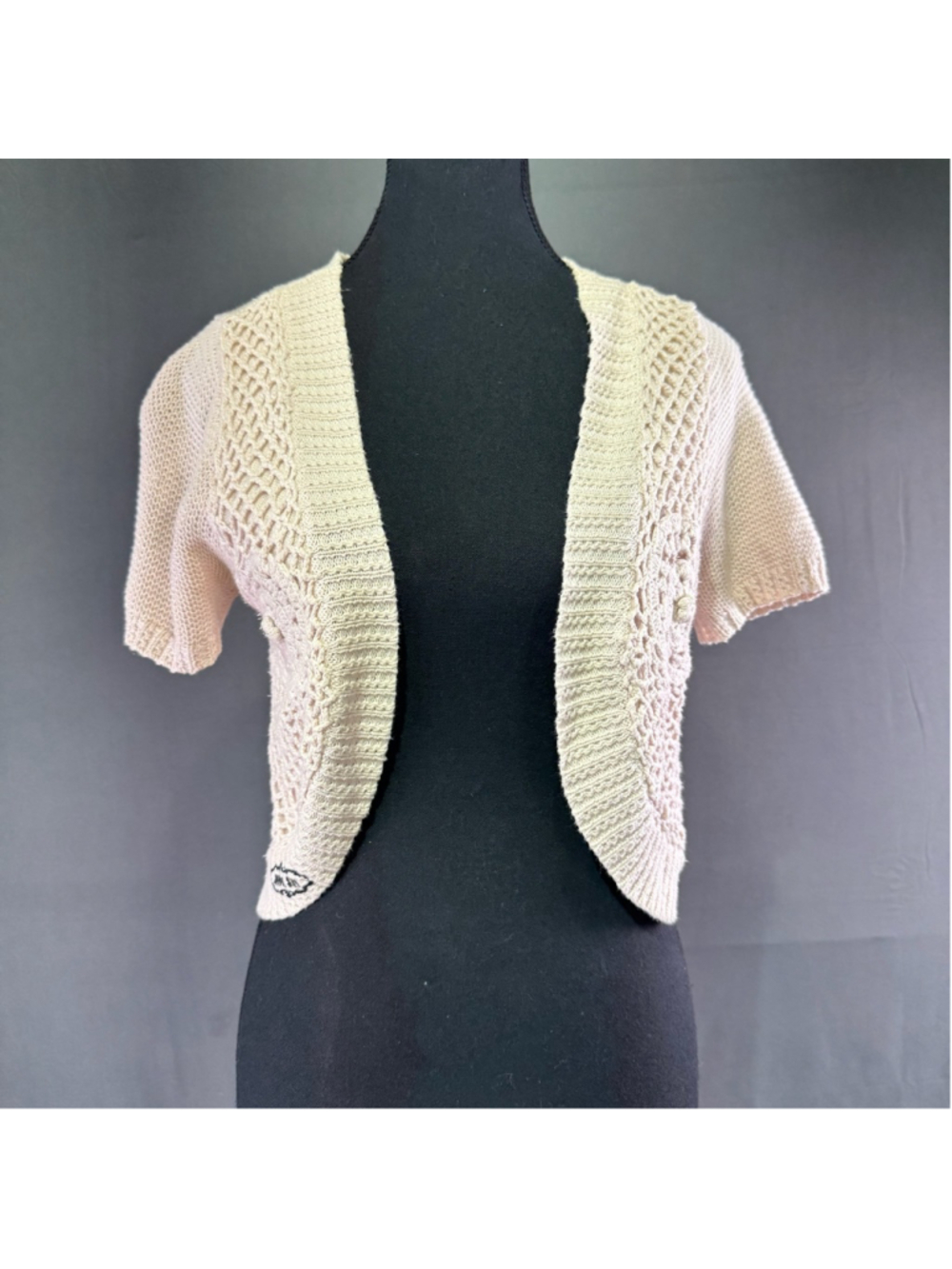Anna Sui Cardigan Womens S Crochet Boho Bolero Cottagecore Y2K Open Knit Ivory - Picture 2 of 13